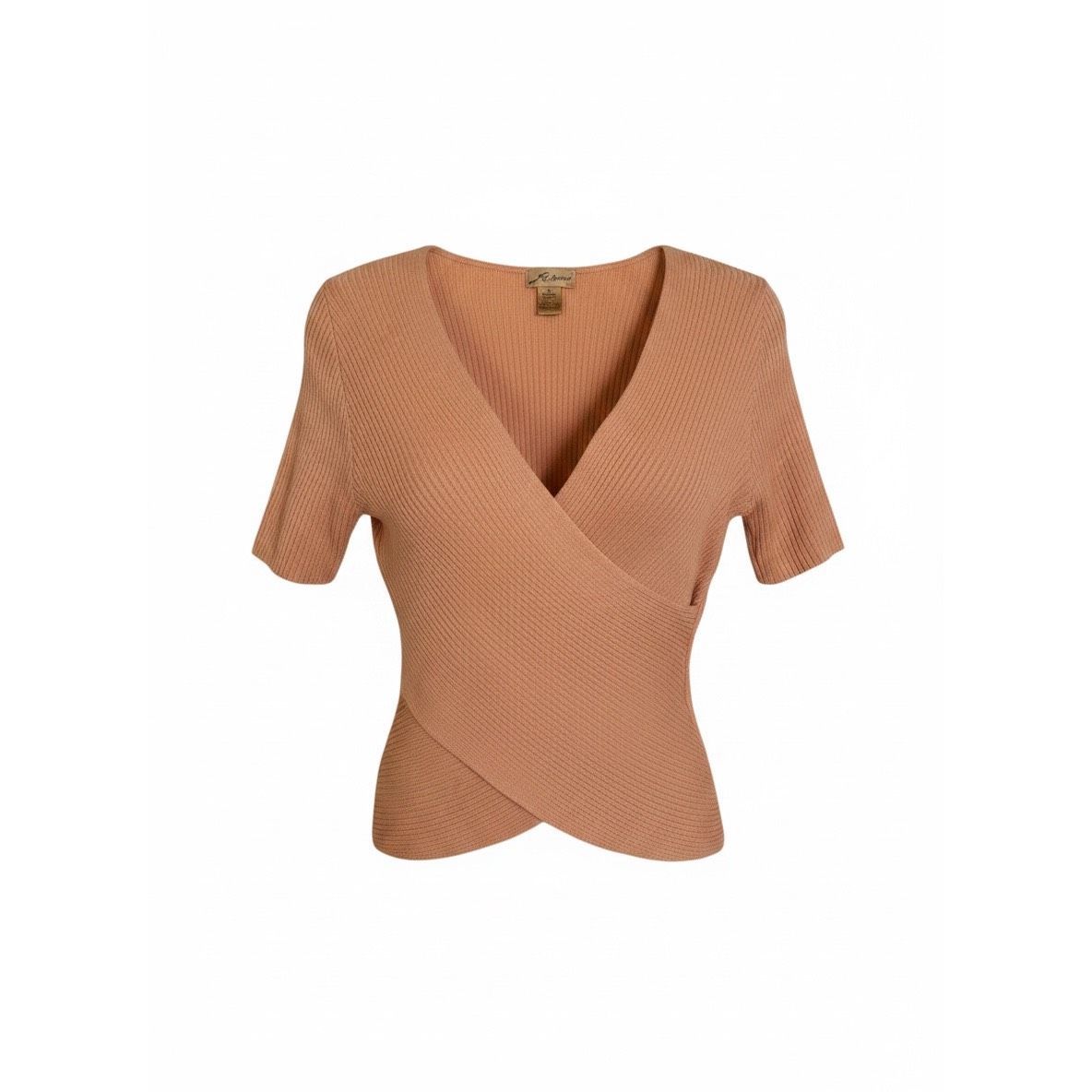 Vintage Milano Ribbed Knit Wrap Top Peach Short Sleeve Y2k Minimalist Size M